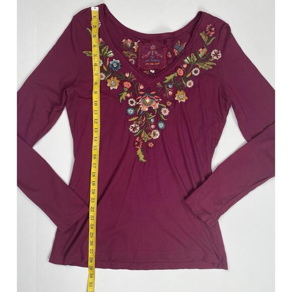Johnny Was V Neck Burgundy Embroidered Floral Long Sleeve Tshirt Large - Picture 6 of 8